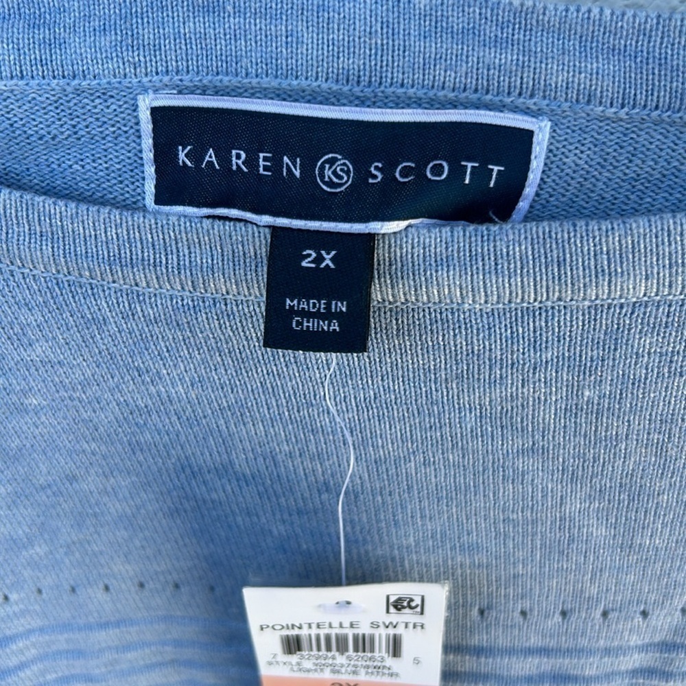 NWT Woman’s Karen Scott Pointelle Sweater Light Heather Blue Plus Size 2X - Picture 4 of 6
